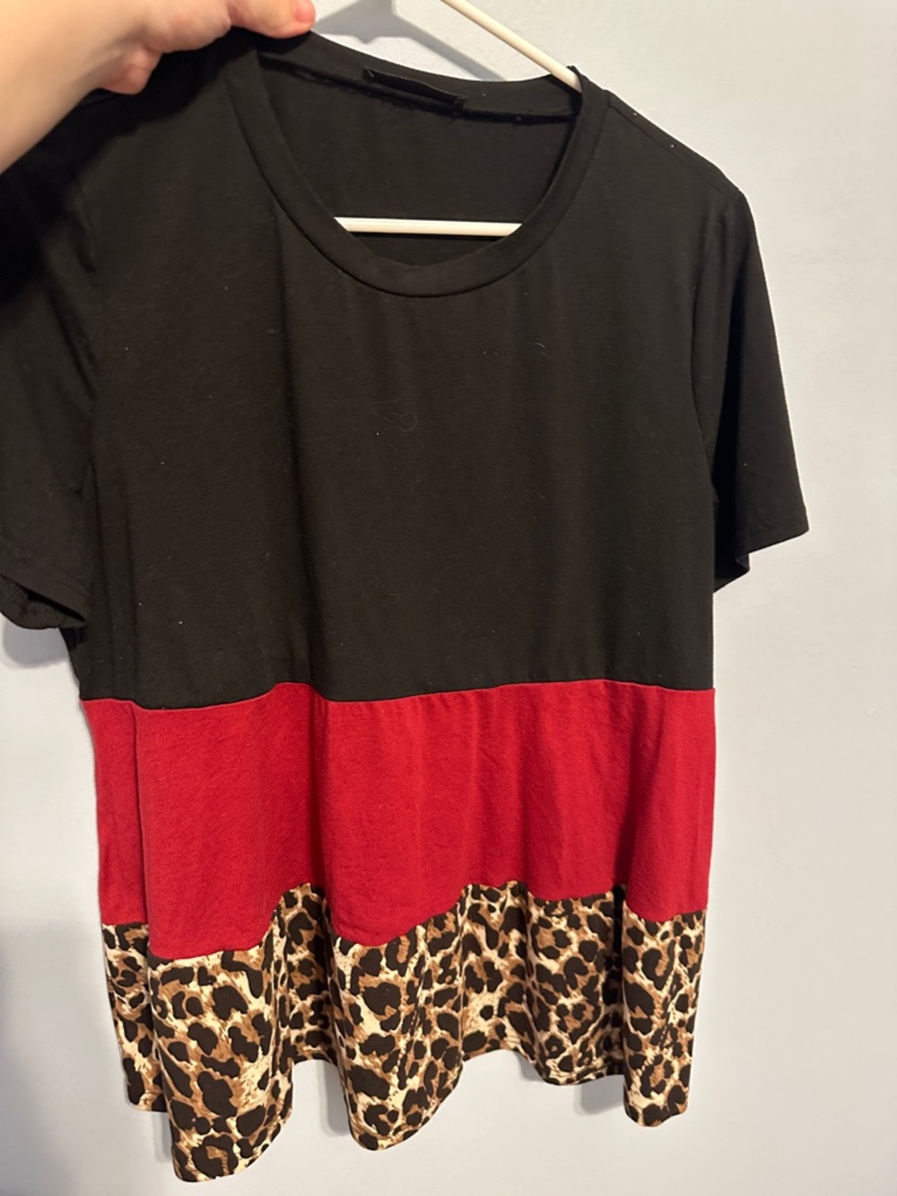 Black + Red Colorblock Tee with Leopard Hem